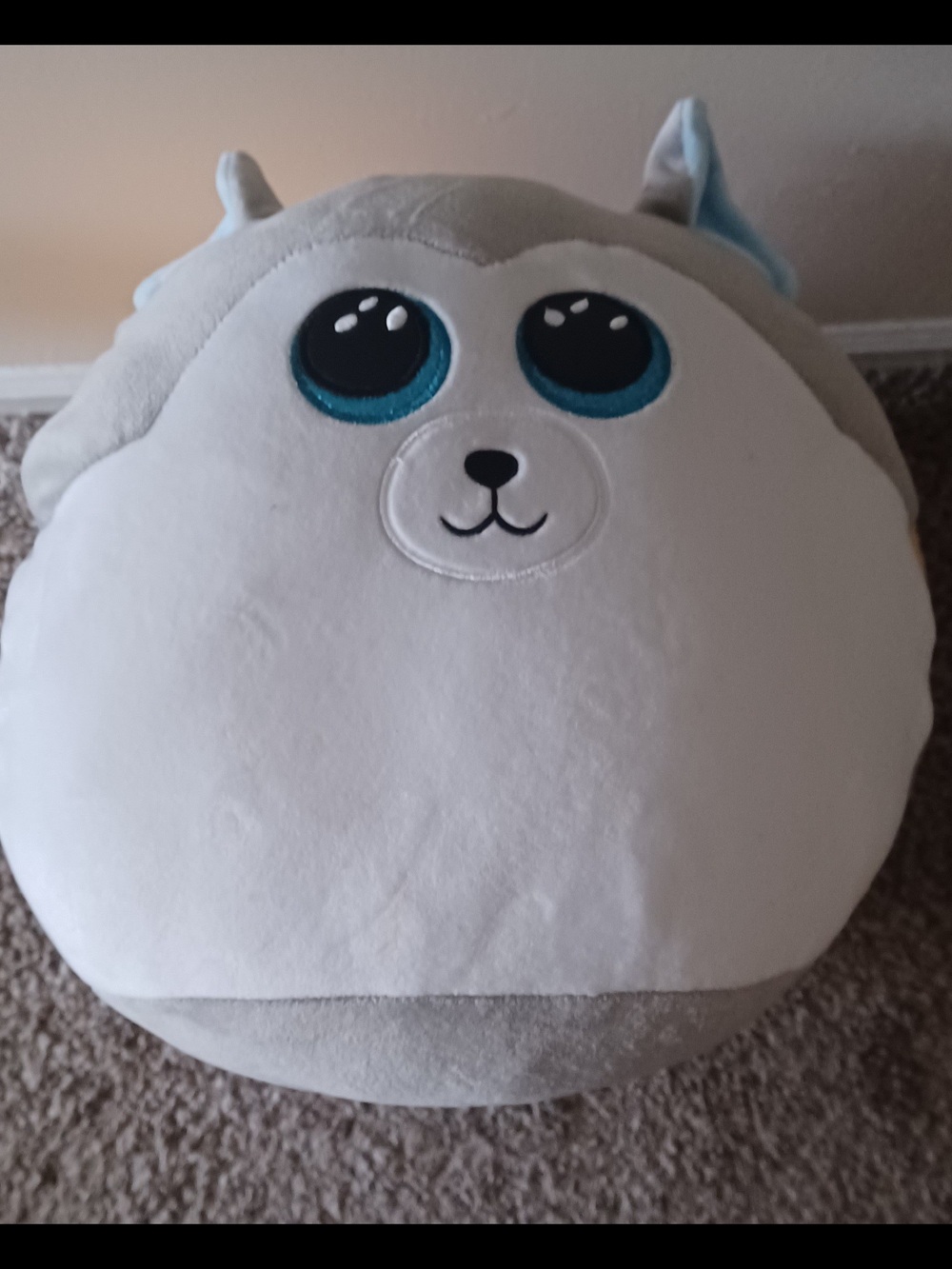 Ty Round Plush Slush The Husky Pillow - Gray, White & Teal Eyes Squishy